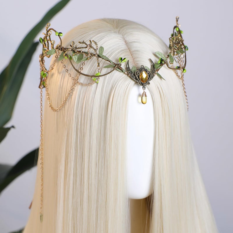 MOSTORY Medieval Elf Headpiece for Women - Gold Woodland Fairy Crown with Tassel for Renaissance Accessories, Floral Elven Circlet for Viking Costume Renfaire Cosplay Fairycore - Image 3