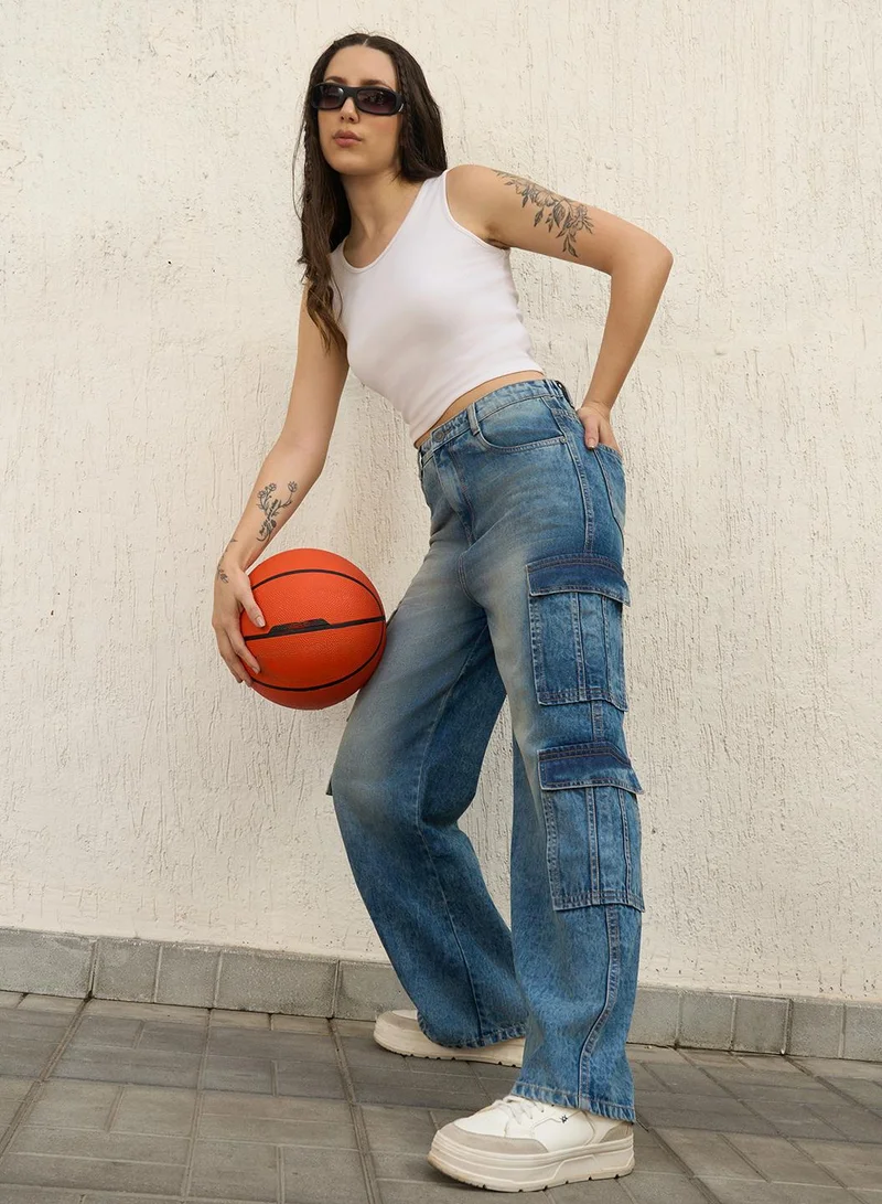 Hubberholme Baggy Indigo Jeans for Women, High-Rise Design