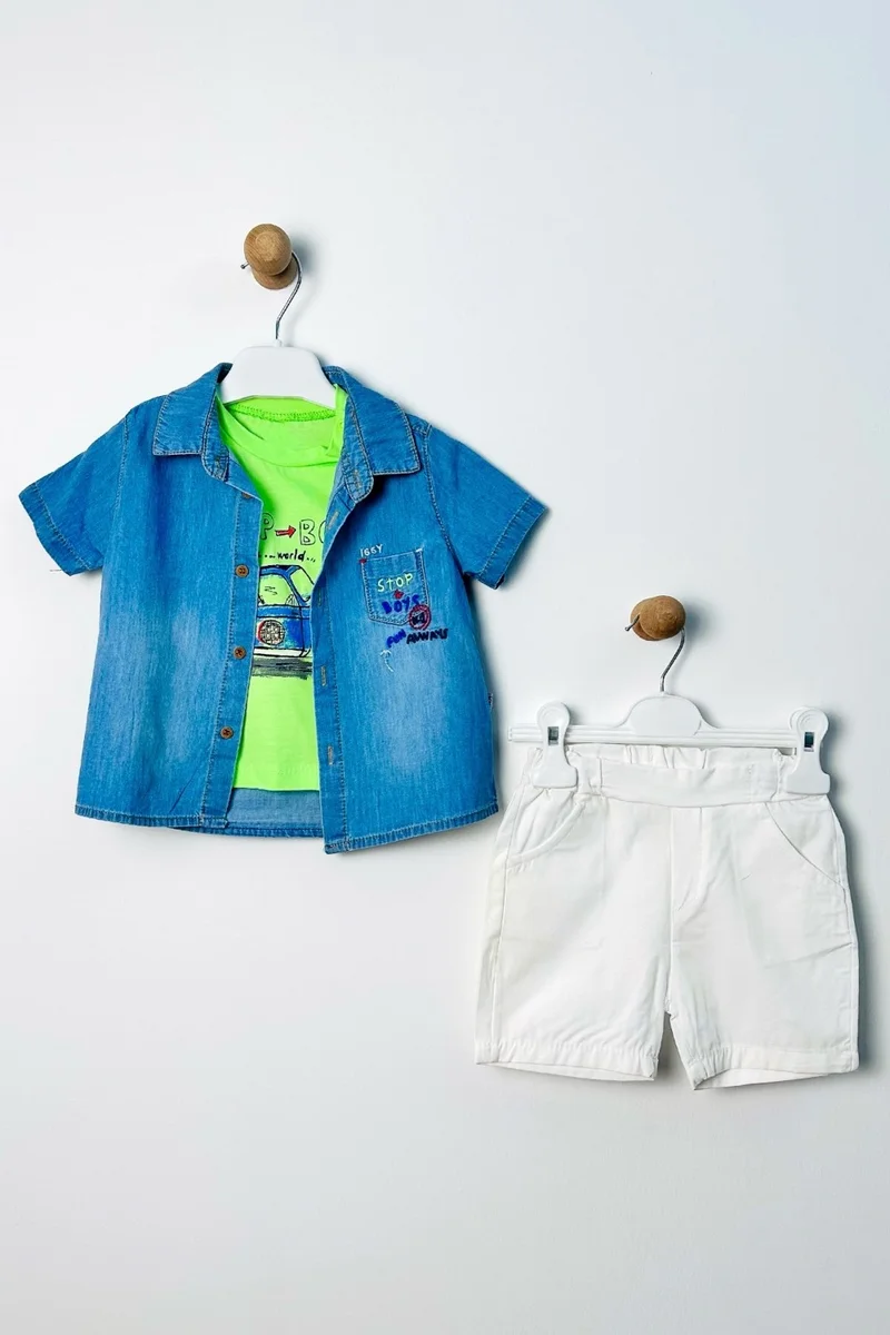 Ada Bebek Çocuk Ada Baby Kid's Denim Shirt and Badi Linen Shorts Baby Boy Bottom and Top Set