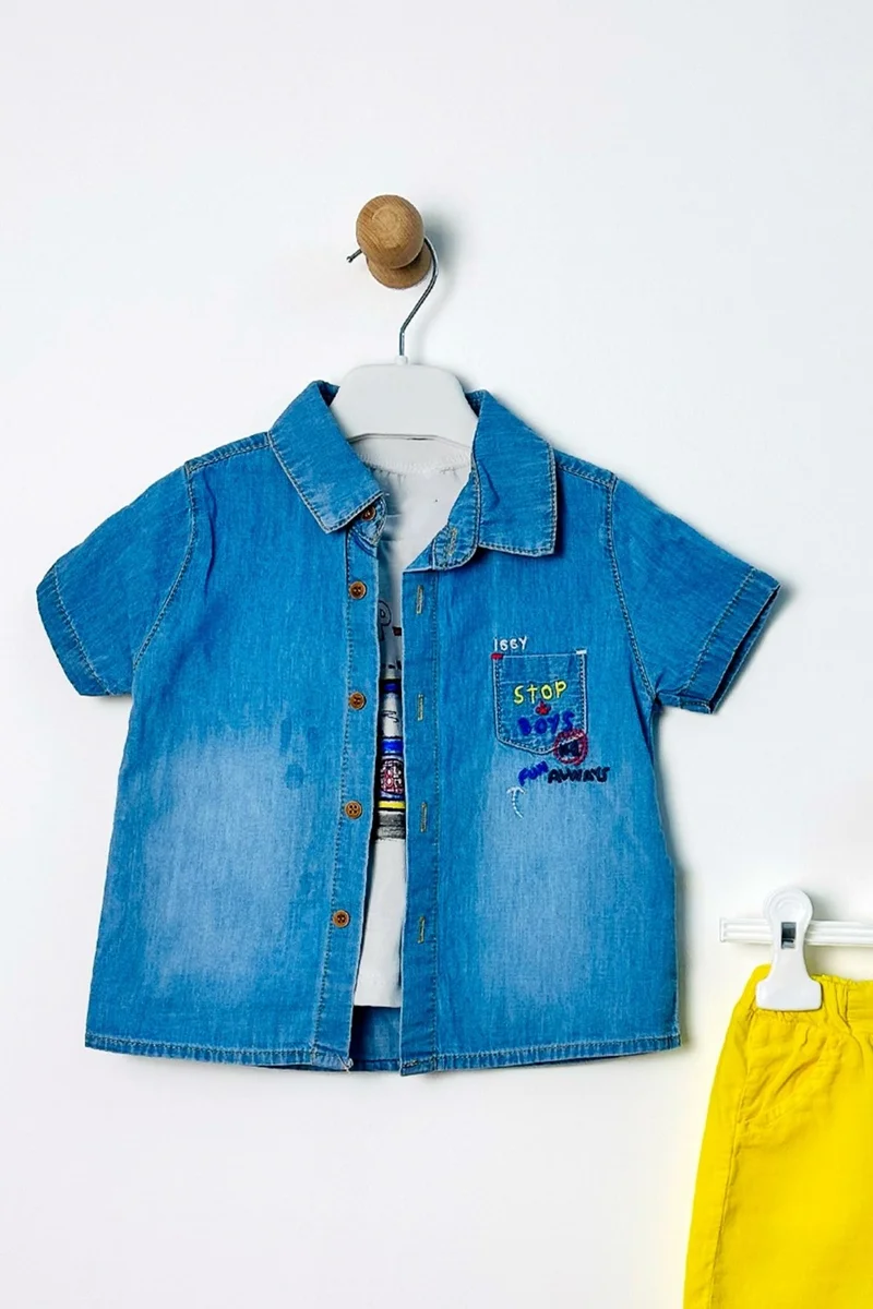 Ada Bebek Çocuk Ada Baby Kid's Denim Shirt and Badi Linen Shorts Baby Boy Bottom and Top Set