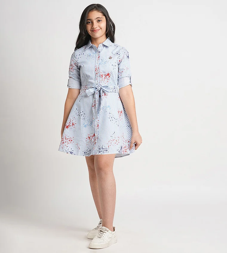 BEVERLY HILLS POLO CLUB Striped Long Sleeves Belted Shirt Dress