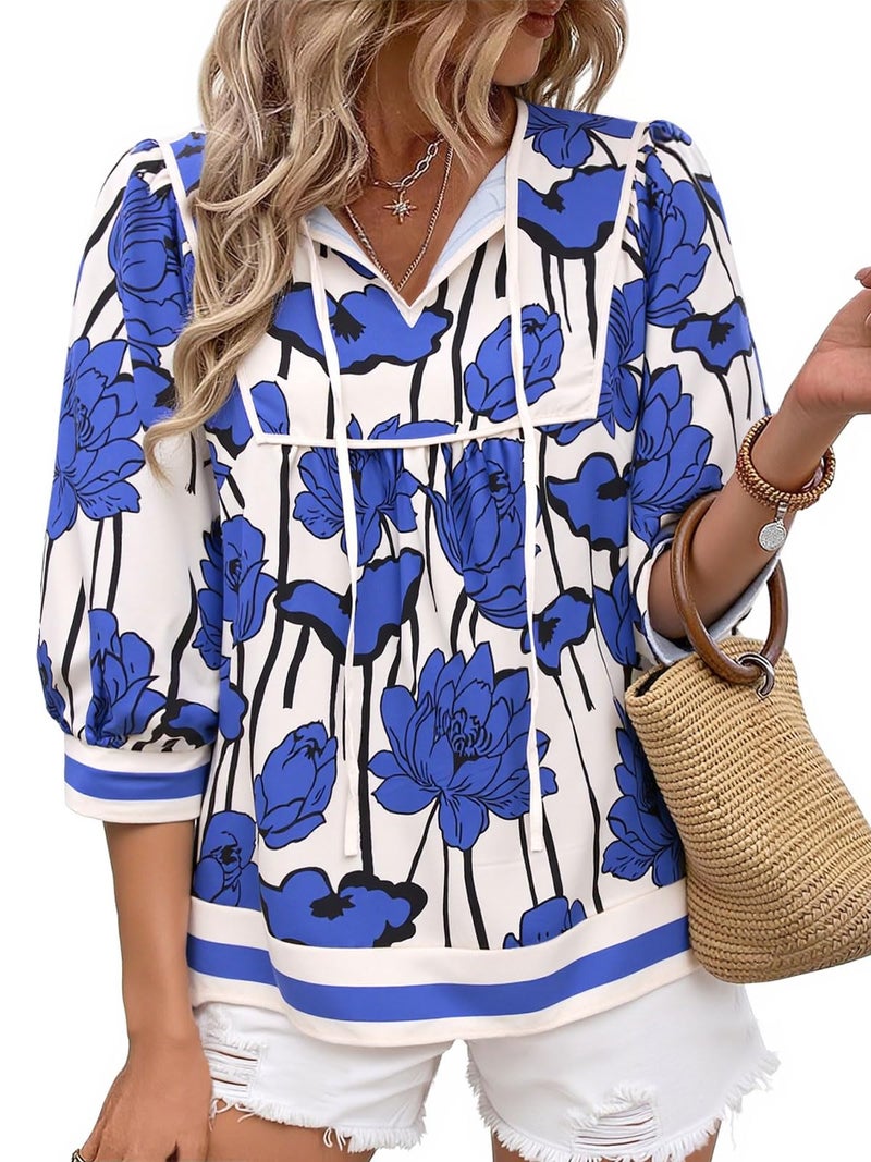 Cicy Bell Womens Floral Print Babydoll Blouse V Neck 3/4 Sleeve Peplum Tops Casual Loose Fit Boho Flowy Shirts - Image 1