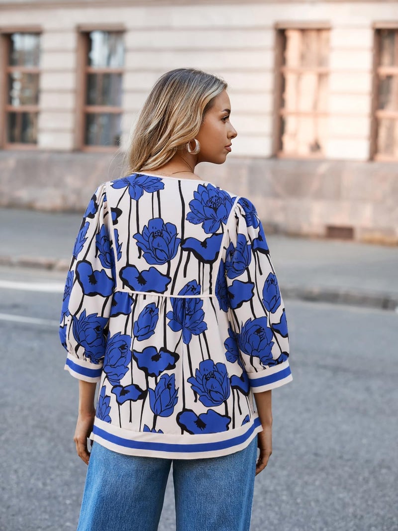 Cicy Bell Womens Floral Print Babydoll Blouse V Neck 3/4 Sleeve Peplum Tops Casual Loose Fit Boho Flowy Shirts - Image 4