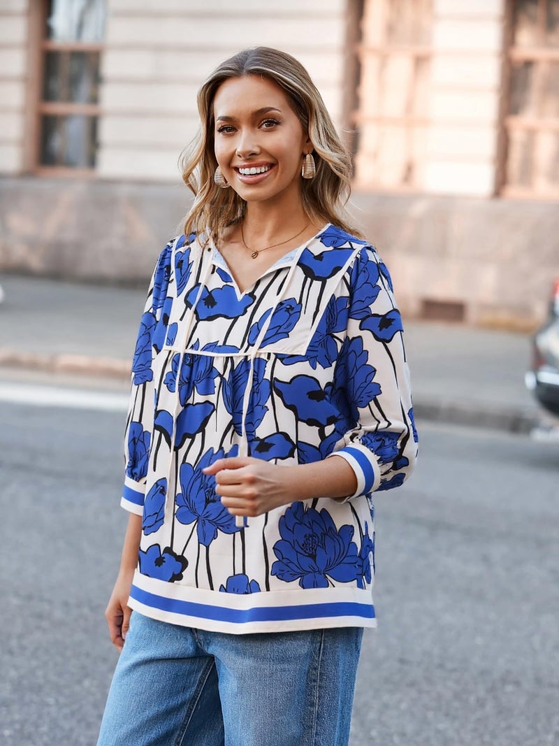 Cicy Bell Womens Floral Print Babydoll Blouse V Neck 3/4 Sleeve Peplum Tops Casual Loose Fit Boho Flowy Shirts - Image 3