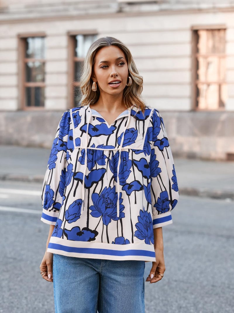 Cicy Bell Womens Floral Print Babydoll Blouse V Neck 3/4 Sleeve Peplum Tops Casual Loose Fit Boho Flowy Shirts - Image 5