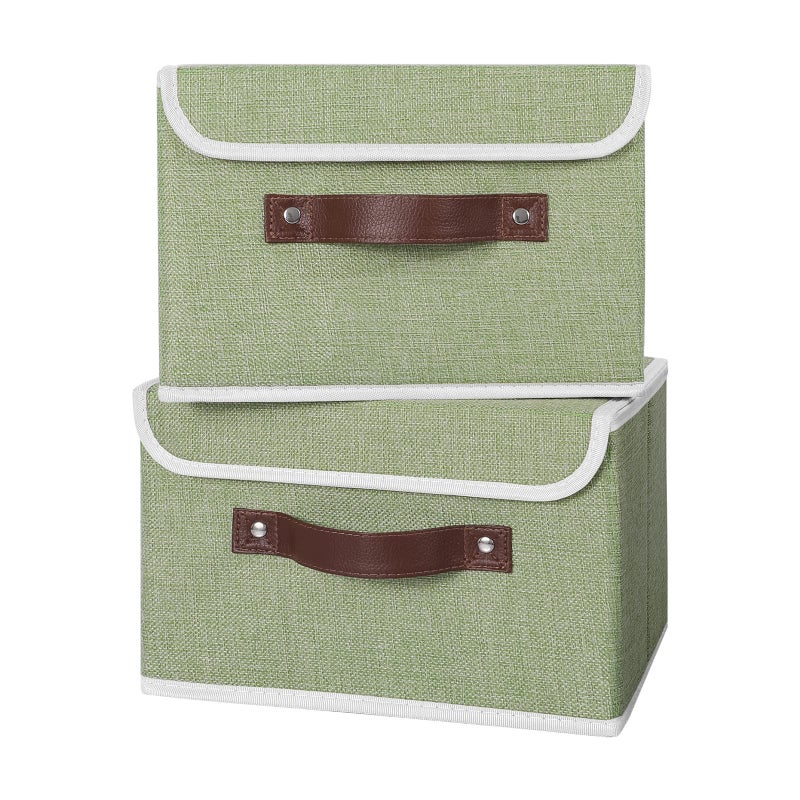 Anminy 2Pcs Storage Bins With Lid Pu Leather Handles Storage Boxes Pp Plastic Board Decorative Foldable Lidded Cotton Linen Fabric Home Cubes Baskets Closet Organizer Containers - Green  Small Size - Image 1