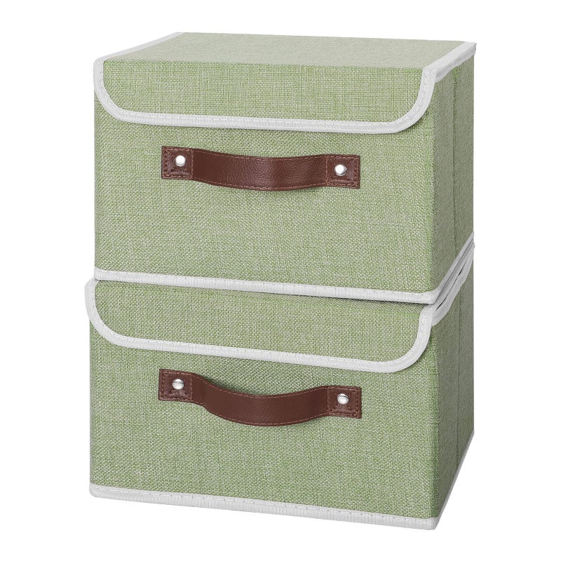 Anminy 2Pcs Storage Bins With Lid Pu Leather Handles Storage Boxes Pp Plastic Board Decorative Foldable Lidded Cotton Linen Fabric Home Cubes Baskets Closet Organizer Containers - Green  Small Size - Image 2