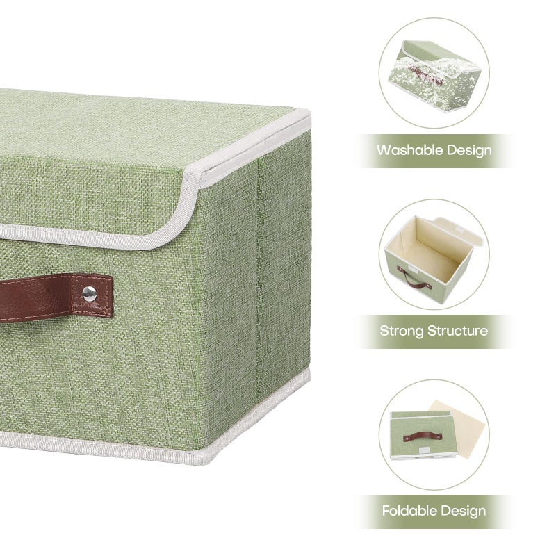 Anminy 2Pcs Storage Bins With Lid Pu Leather Handles Storage Boxes Pp Plastic Board Decorative Foldable Lidded Cotton Linen Fabric Home Cubes Baskets Closet Organizer Containers - Green  Small Size - Image 4
