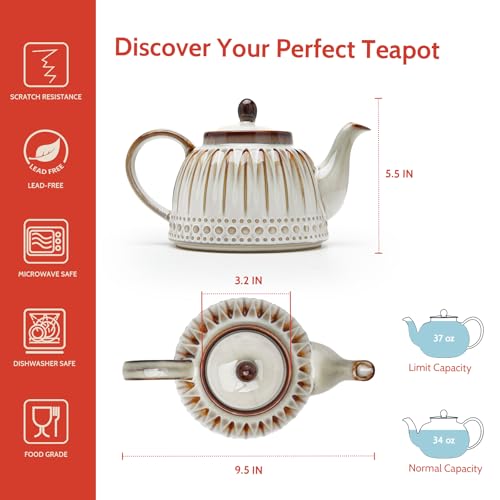 Sweese إبريق شاي سيراميك سويسي، زجاجة زهور ريترو مزخرفة، 1100 مل/37 أونصة إبريق شاي كبير للشاي السائب أو الأكياس، يكفي لـ 4 أكواب، كهرماني نيبولا - Image 2