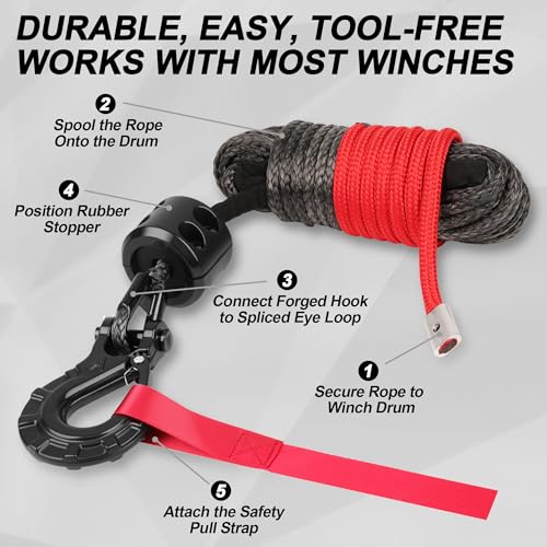 Bonison Synthetic Winch Rope Kit - 1/4'' x 50' with 10,000 lbs Breaking Strength, Included Lightweight Winch Rope Winch Stopper and Winch Hook, Easy Installation, Replacement for ATV UTV Boat Truck Winches - Image 2