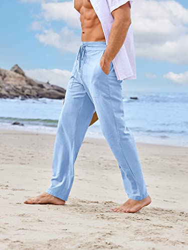 PASLTER Mens Casual Linen Pants Loose Fit Straight-Legs Elastic Drawstring Waist Summer Beach Yoga Long Pants A-Blue - Image 3
