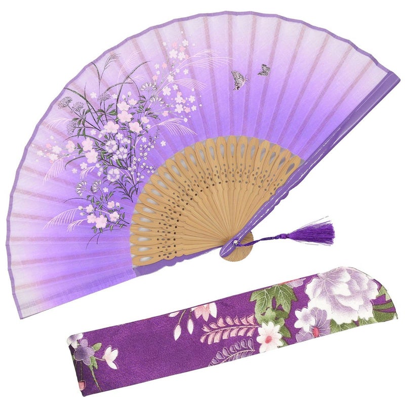 OMyTea Grassflowers 82721cm Hand Held Folding Fans  With a Fabric Sleeve for Protection for Gifts  ChineseJapanese Vintage Retro Style Purple