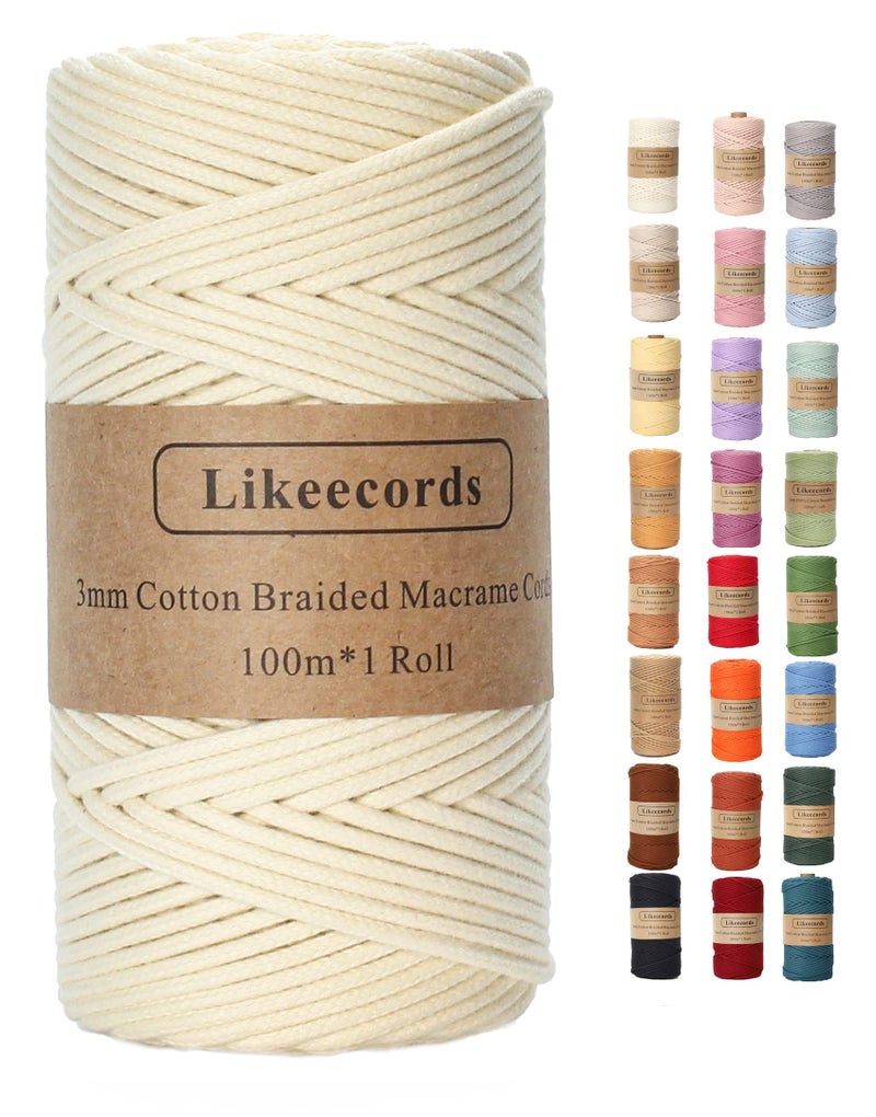 Likeecords Braided Cotton Cord 3mm×109 Yards Natural Macrame Cotton Cord Bohemia Macrame Rope for Handmade Plant Hangers Wall (Off White) - Image 1