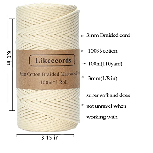 Likeecords Braided Cotton Cord 3mm×109 Yards Natural Macrame Cotton Cord Bohemia Macrame Rope for Handmade Plant Hangers Wall (Off White) - Image 2