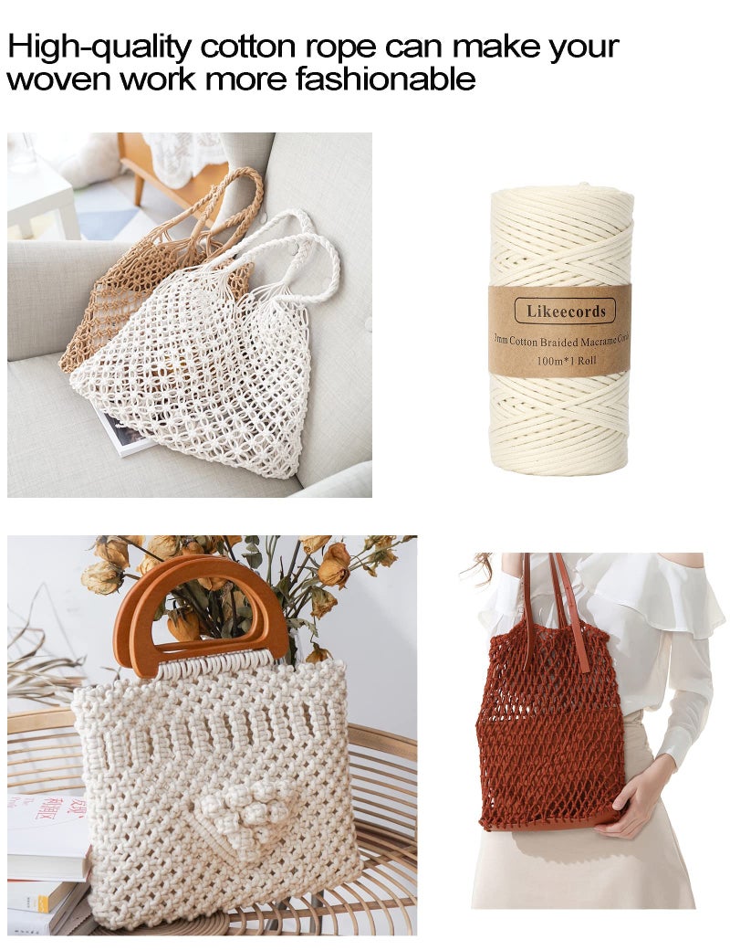 Likeecords Braided Cotton Cord 3mm×109 Yards Natural Macrame Cotton Cord Bohemia Macrame Rope for Handmade Plant Hangers Wall (Off White) - Image 5