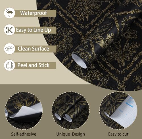 Toduso Peel and Stick Wallpaper Vintage Wall Paper Boho Contact Paper Black and Gold Floral Removable Wallpaper for Bathroom Bedroom Flower Waterproof Self Adhesive Vinyl Drawer Decor 17.3"x78.7" - Image 4