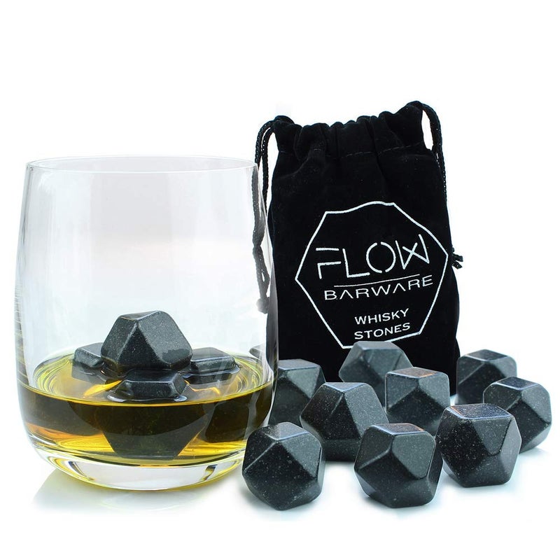 FLOW Barware Whiskey Stones  Polished Diamond Shaped Whisky Cubes  9x Whiskey Stones Gift Set For Men Dad Fathers Day  Keep Rum  Single Malt Chilled  Undiluted With These Cooling Whisky Rocks