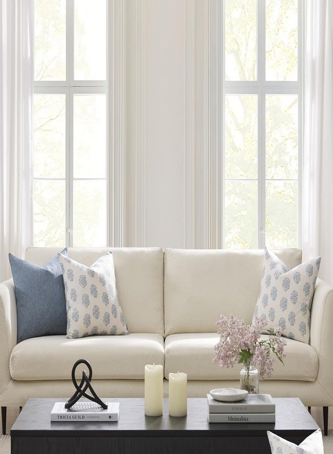 Meekio Set of 2 Light Blue Floral Block Print Pillow Covers 18 x 18 inches Linen Throw Pillow Covers for Sofa Couch Decor - Image 3