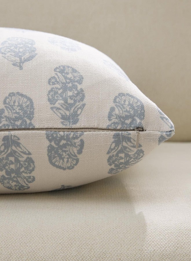 Meekio Set of 2 Light Blue Floral Block Print Pillow Covers 18 x 18 inches Linen Throw Pillow Covers for Sofa Couch Decor - Image 5