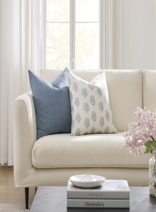 Meekio Set of 2 Light Blue Floral Block Print Pillow Covers 18 x 18 inches Linen Throw Pillow Covers for Sofa Couch Decor - Image 2