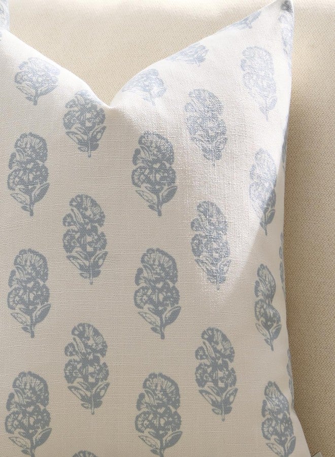 Meekio Set of 2 Light Blue Floral Block Print Pillow Covers 18 x 18 inches Linen Throw Pillow Covers for Sofa Couch Decor - Image 4