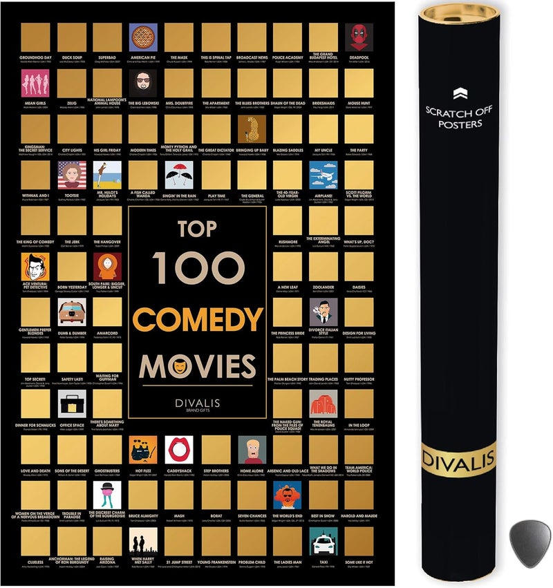 Divalis أفضل 100 فيلم كوميدي ملصق قابل للخدش - ملصق كبير للأفلام الكوميدية القابلة للخدش - قائمة أفلام كوميدية على مر العصور - 24x16 بوصة ملصق قابل للخدش سهل التأطير - تحدي مشاهدة الأفلام الواجب رؤيتها - Image 1
