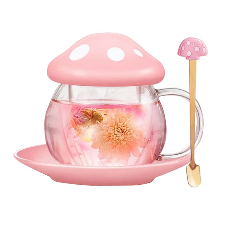 Rain House Mushroom Tea Cup Set, Cute Glass Tea Cups and Saucers, Kawaii Tea Cup with Infuser for Loose Leaf Tea Steeper, Coffee Mug Christmas Gifts for Women, Tea Infuser Mug with Lid for Mother Girls (Pink) - Image 1