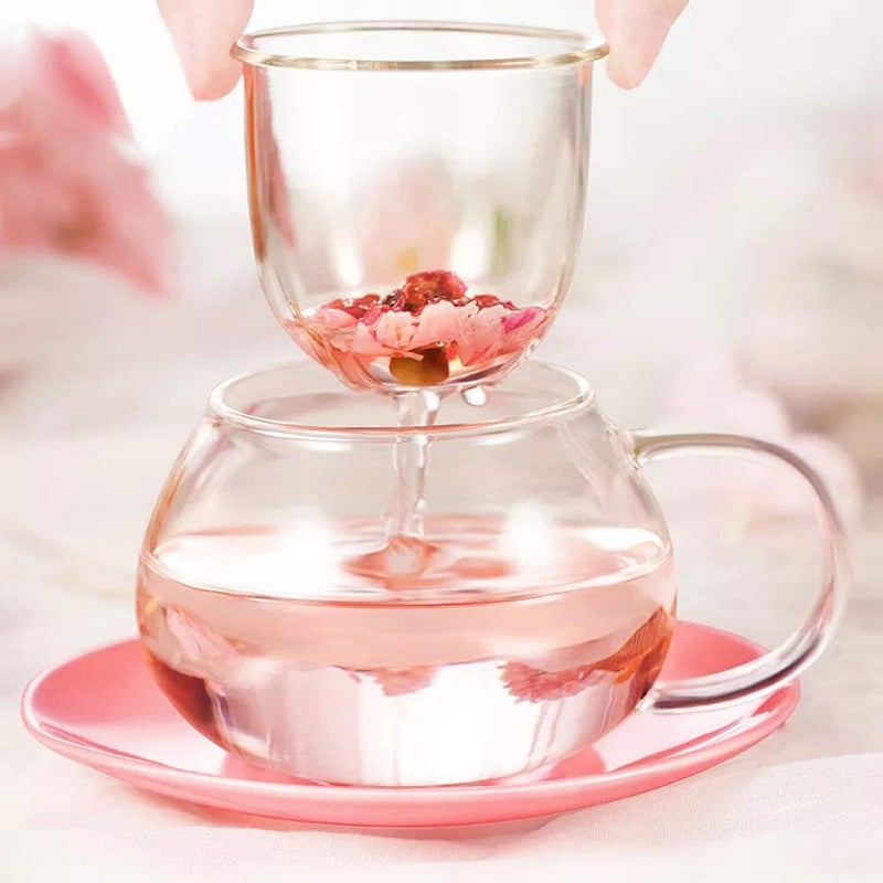 Rain House Mushroom Tea Cup Set, Cute Glass Tea Cups and Saucers, Kawaii Tea Cup with Infuser for Loose Leaf Tea Steeper, Coffee Mug Christmas Gifts for Women, Tea Infuser Mug with Lid for Mother Girls (Pink) - Image 3
