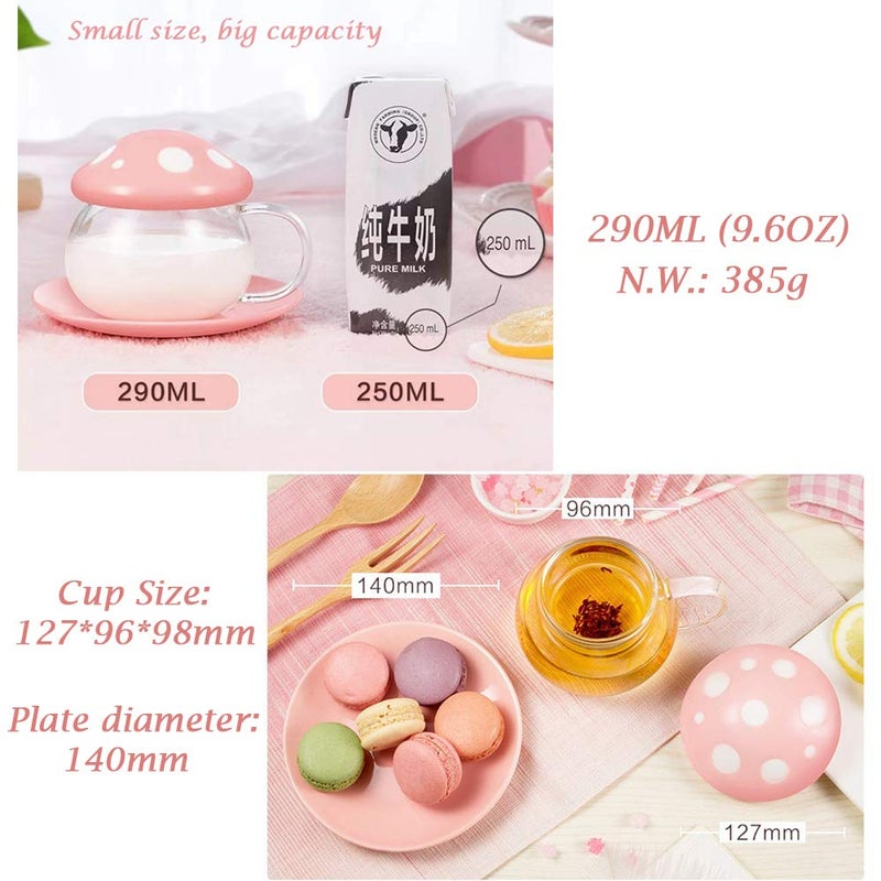 Rain House Mushroom Tea Cup Set, Cute Glass Tea Cups and Saucers, Kawaii Tea Cup with Infuser for Loose Leaf Tea Steeper, Coffee Mug Christmas Gifts for Women, Tea Infuser Mug with Lid for Mother Girls (Pink) - Image 5