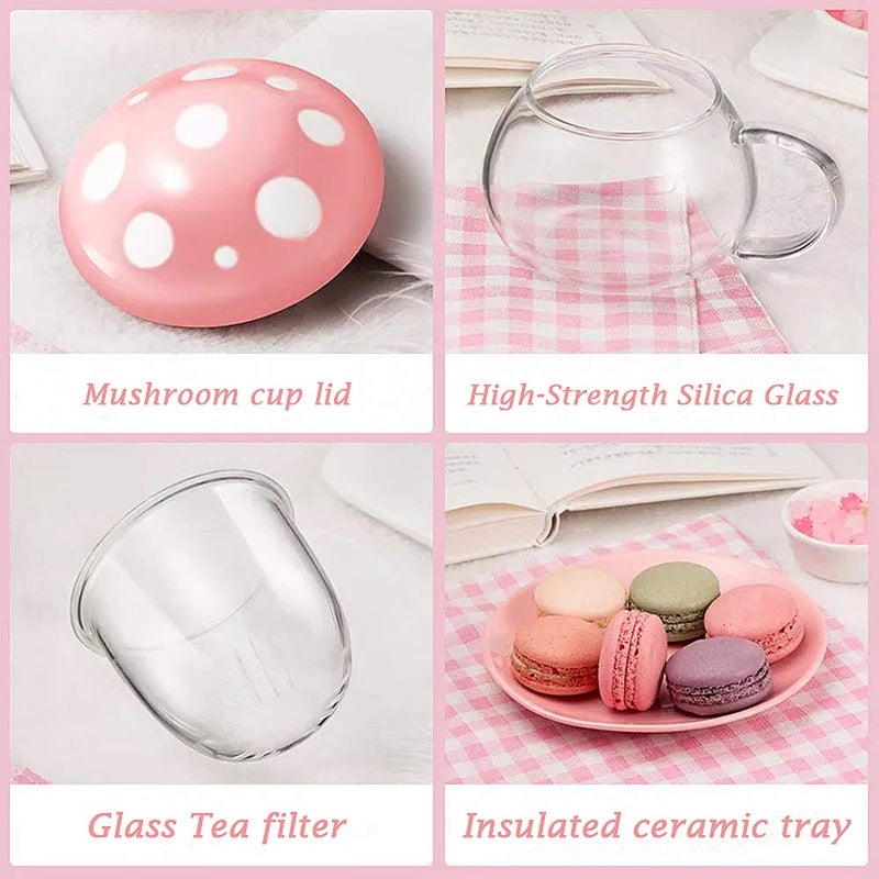 Rain House Mushroom Tea Cup Set, Cute Glass Tea Cups and Saucers, Kawaii Tea Cup with Infuser for Loose Leaf Tea Steeper, Coffee Mug Christmas Gifts for Women, Tea Infuser Mug with Lid for Mother Girls (Pink) - Image 4