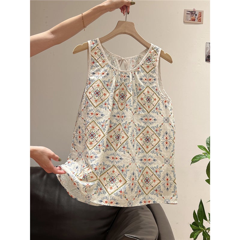 Women's Vintage Floral Print Sleeveless V-Neck Slim Fit T-Shirt - Image 5