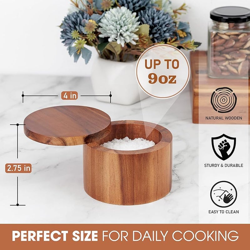 ديميجو Acacia Salt Cellar 9 Ounces Capacity, Wood Salt Box With Swivel Cover, Spice Keeper, Wood Jar For Kitchen, Perfect For Keeping Table Salt, Gourmet Salts, Herbs or Favorite Seasonings - Image 2
