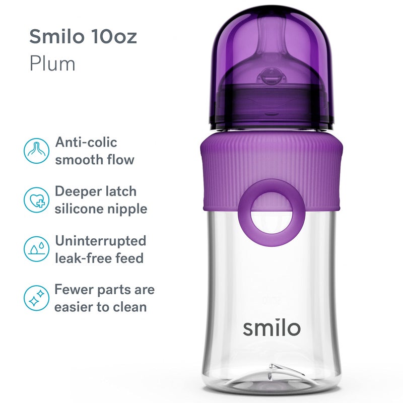 Smilo Baby Bottle Set with Stage 0 Slow Flow Anti Colic Nipple, 10 Oz / 300 ml Capacity, 3X Pack of Anti Colic Baby Bottles 0-3 Months - Plum Purple - Image 2
