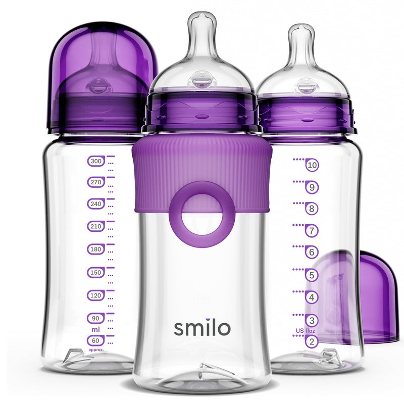 Smilo Baby Bottle Set with Stage 0 Slow Flow Anti Colic Nipple, 10 Oz / 300 ml Capacity, 3X Pack of Anti Colic Baby Bottles 0-3 Months - Plum Purple - Image 1