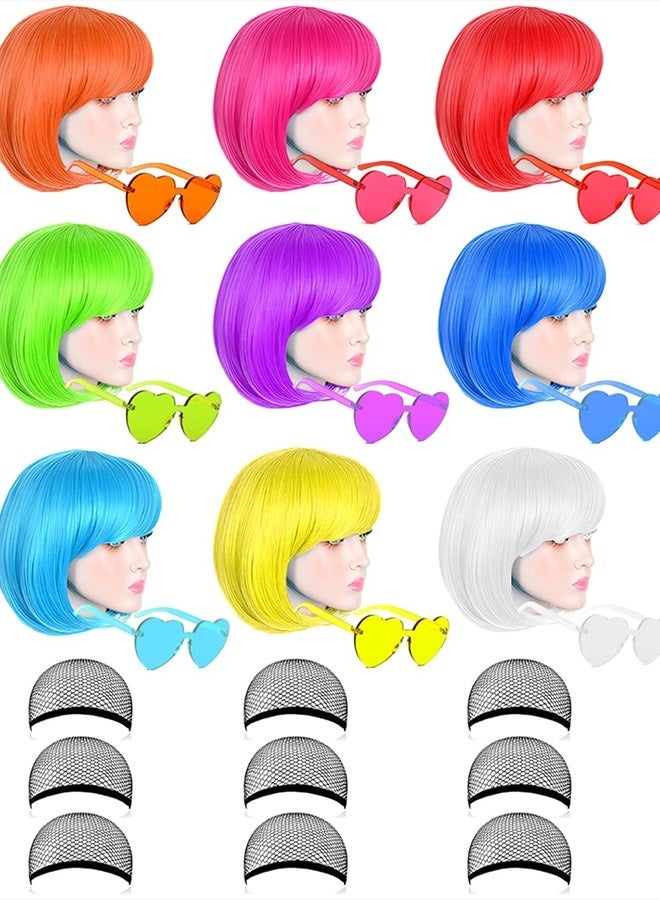 LOHO MAGICA 9 Pack Colored Wigs, Funky Colorful Wigs, Short Bob Hair Wigs, Neon Party Wigs, Cosplay Wigs with Rimless Heart Shape Sunglasses - One Size for All Women Kids & Adults Halloween Costume Night Club - Image 1