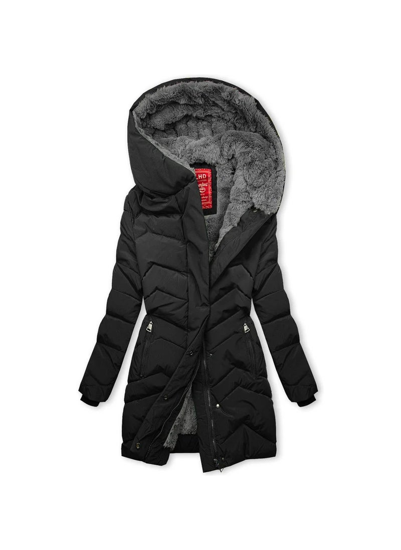 Generic - Womens Hooded Fleece-Lined Cotton Coat, Mid-Length, Black Autumn Winter Brown - Image 1