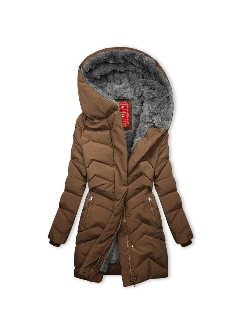 Generic - Womens Hooded Fleece-Lined Cotton Coat, Mid-Length, Black Autumn Winter Brown - Image 1