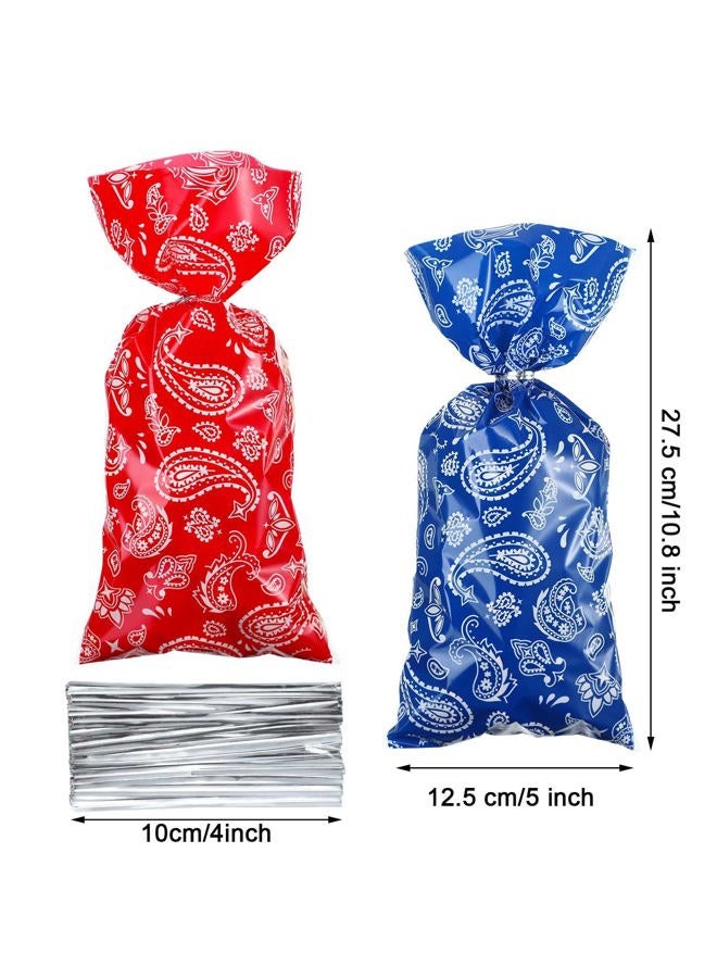 Sumind 100 Pieces Plastic Candy Bags Red Blue Western Party Treat Bags, Bandana Cellophane Goodie Favor Bags with 100 Silver Twist Ties for Kids Western Cowboy Birthday Party Supplies - Image 2