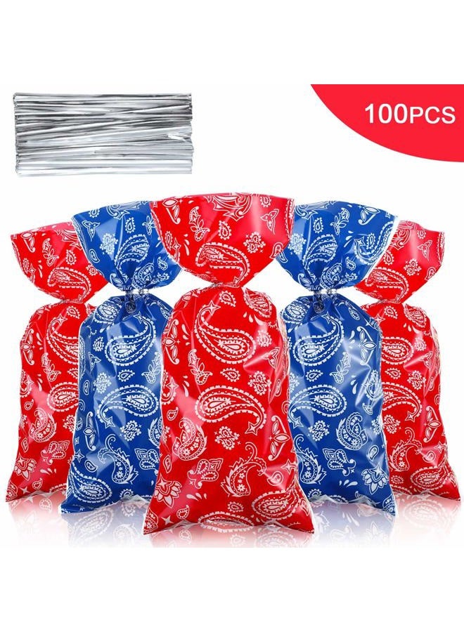 Sumind 100 Pieces Plastic Candy Bags Red Blue Western Party Treat Bags, Bandana Cellophane Goodie Favor Bags with 100 Silver Twist Ties for Kids Western Cowboy Birthday Party Supplies - Image 3