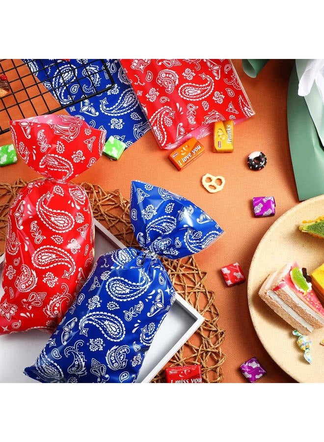 Sumind 100 Pieces Plastic Candy Bags Red Blue Western Party Treat Bags, Bandana Cellophane Goodie Favor Bags with 100 Silver Twist Ties for Kids Western Cowboy Birthday Party Supplies - Image 4