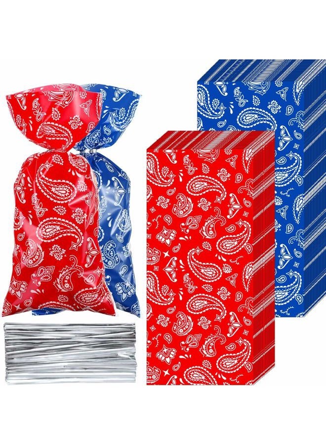 Sumind 100 Pieces Plastic Candy Bags Red Blue Western Party Treat Bags, Bandana Cellophane Goodie Favor Bags with 100 Silver Twist Ties for Kids Western Cowboy Birthday Party Supplies - Image 1