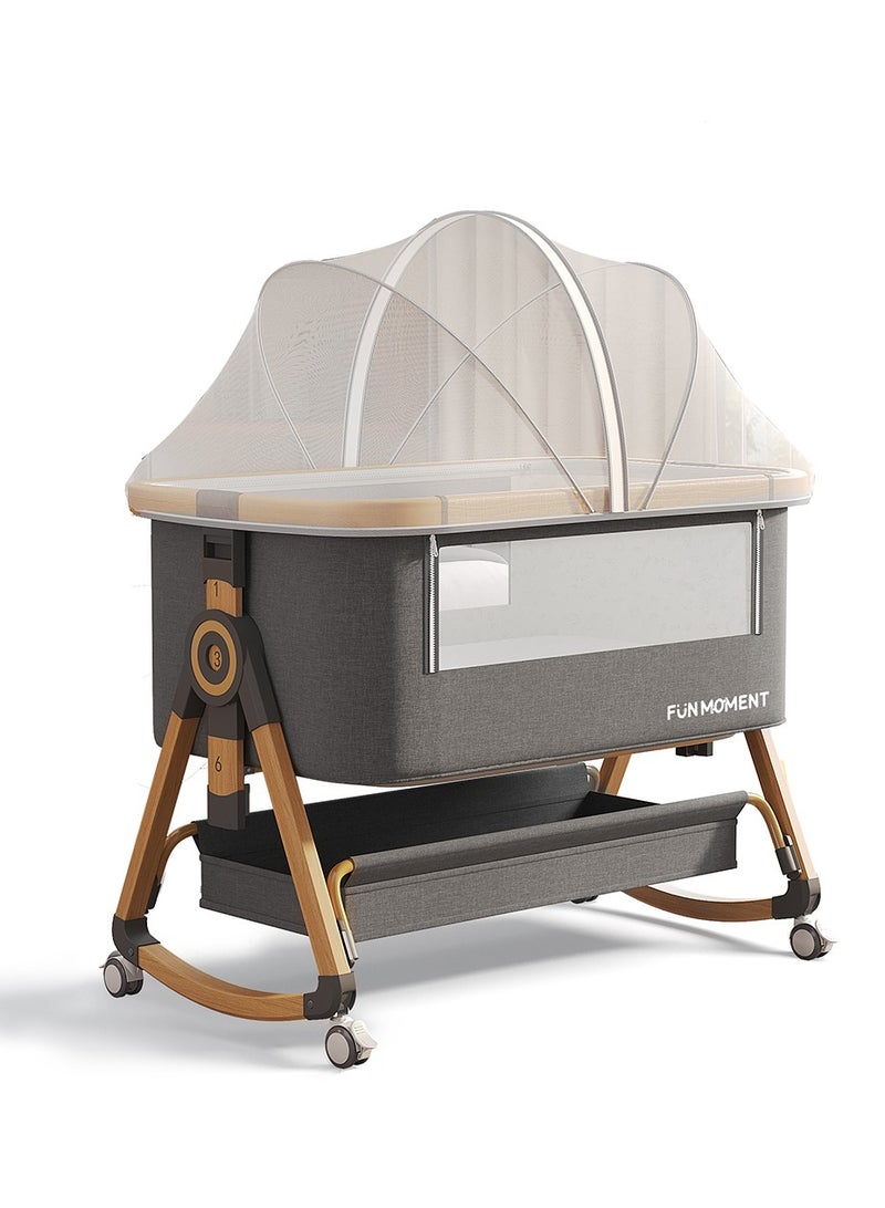 FUN MOMENT Adjustable Height Foldable Bedside Crib with Large Storage Basket and Detachable Mosquito Net - Image 1