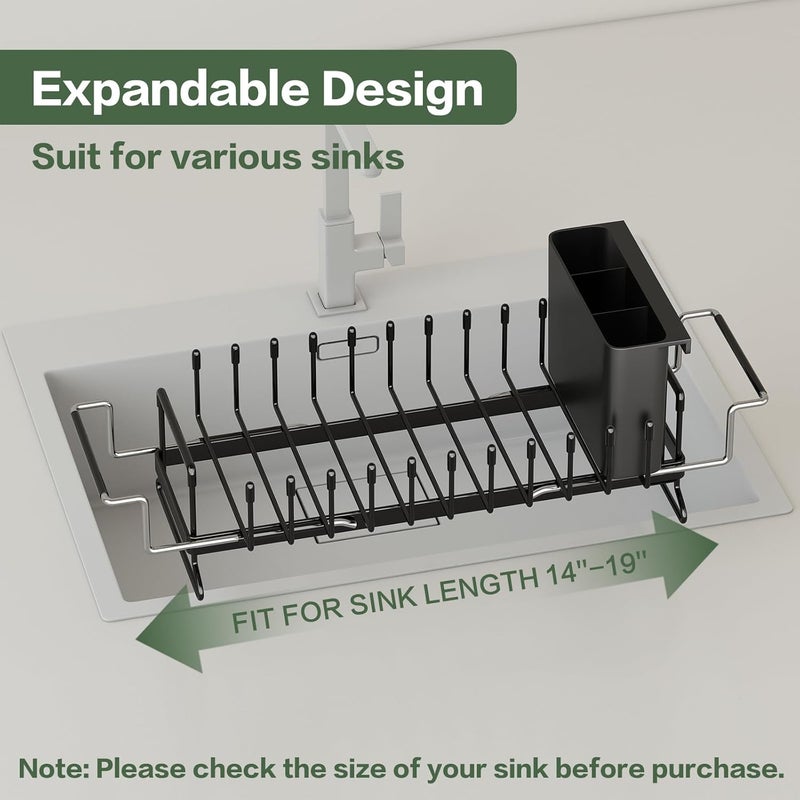 Aufworld Dish Drying Rack - Expandable Small Sink Dish Rack with Silicone Drying Tray, Over Sink Dish Drainer for Kitchen Counter with Utensil Holder, Drain Rack Fit for 14’’-19’’ Kitchen Sink - Image 3