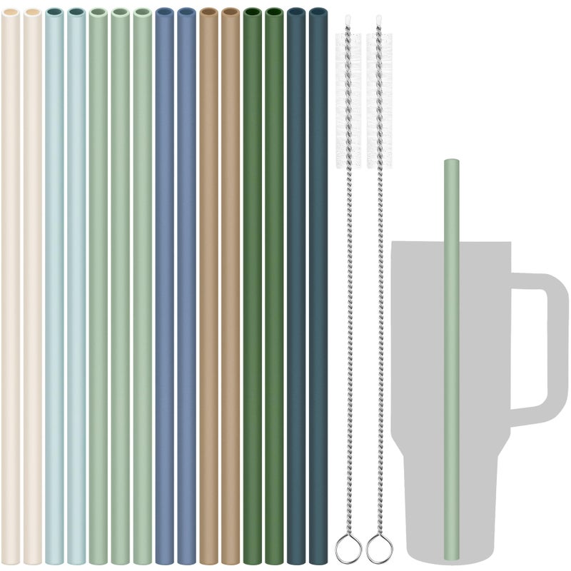 Tomorotec 15-Pack 12" Reusable Silicone Drinking Straws for Stanley Tumblers 20, 30, 40 oz with 2 Cleaning Brushes, BPA-Free Food-Grade Vibrant Colors Flexible Straws for Family Use (Nature Colors) - Image 1