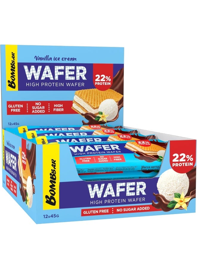 BOMBBAR High Protein Wafer with Vanilla Ice Cream Flavor, Gluten Free, High Fiber and No Sugar Added 12x45g 