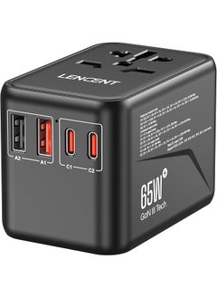 Lencent LENCENT Universal Travel Adapter, GaN3 65W International Charger with 2 QC4.0 USB-A+ 2 PD3.0 Type-C PPS Fast Charging, Worldwide European Outlet Adaptor for iPhone,Tablets,Laptop, USA/UK/EU/AUS Black  - Image 1