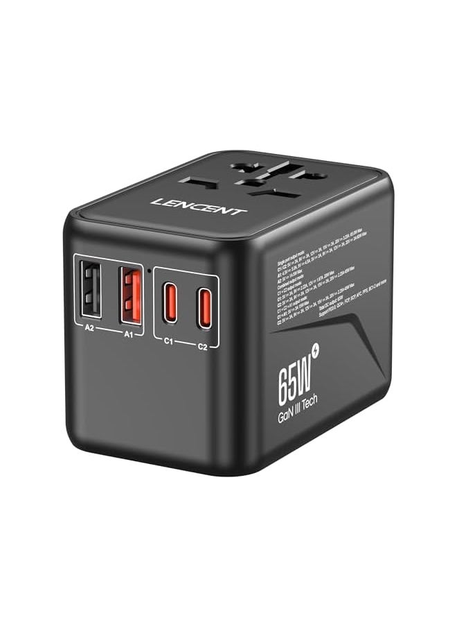 Lencent LENCENT Universal Travel Adapter, GaN3 65W International Charger with 2 QC4.0 USB-A+ 2 PD3.0 Type-C PPS Fast Charging, Worldwide European Outlet Adaptor for iPhone,Tablets,Laptop, USA/UK/EU/AUS Black  - Image 2