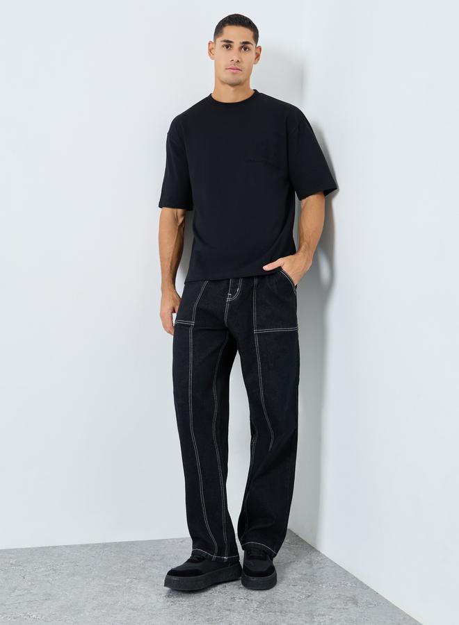 Styli Men Black Oversized Embossed Print T-Shirt - Image 2