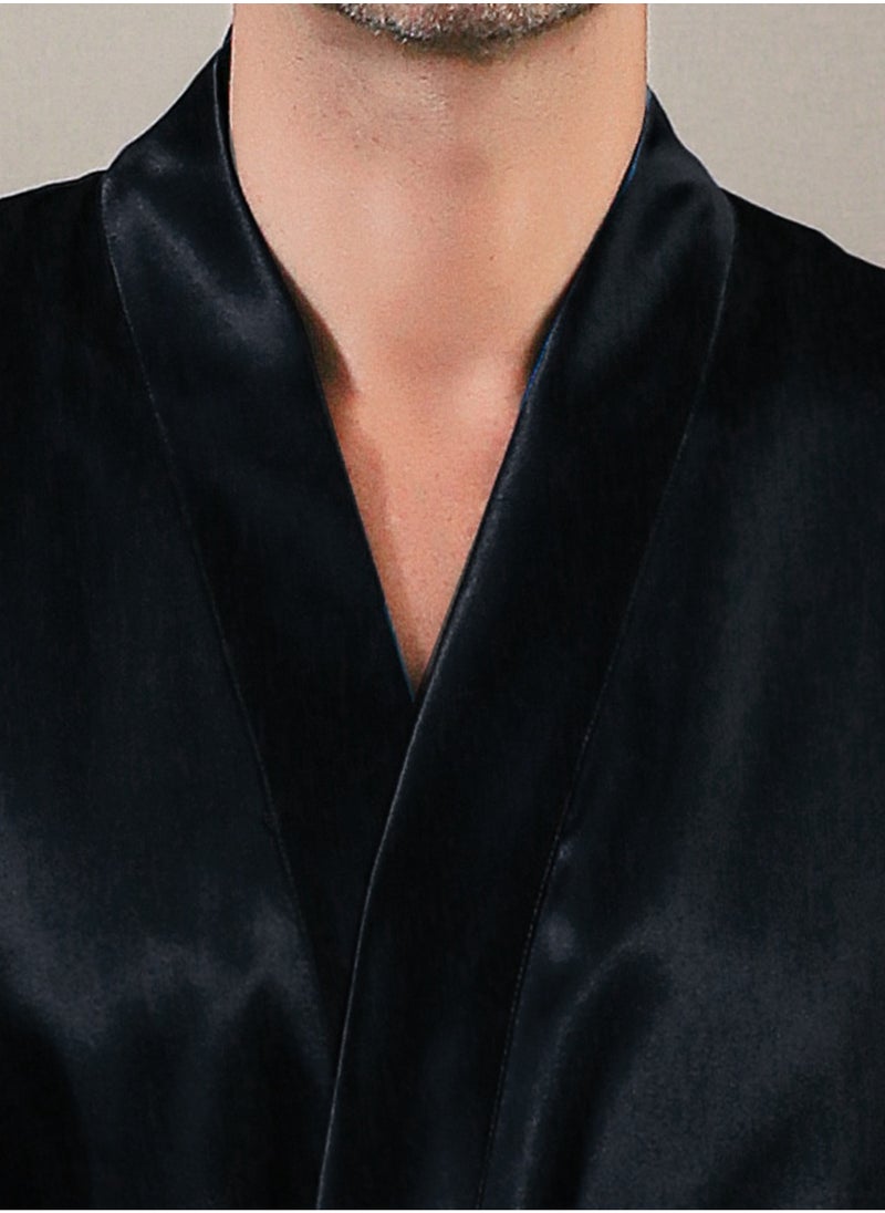 RuanMM Classic Men's Long Sleeve silky Pajamas Lightweight robe Comfortable Lounge Wear-black  - Image 3