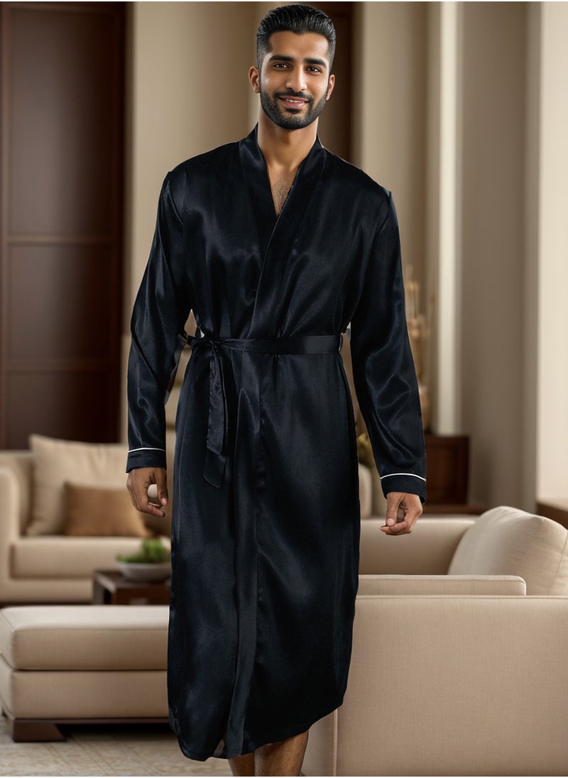 RuanMM Classic Men's Long Sleeve silky Pajamas Lightweight robe Comfortable Lounge Wear-black  - Image 2
